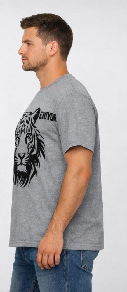Men’s Light Grey Tiger Print T-Shirt – Bold Black Graphic Cotton Casual Tee 2