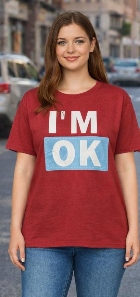Women’s Red “I’M OK” Printed T-Shirt – Trendy Statement Casual Cotton Tee