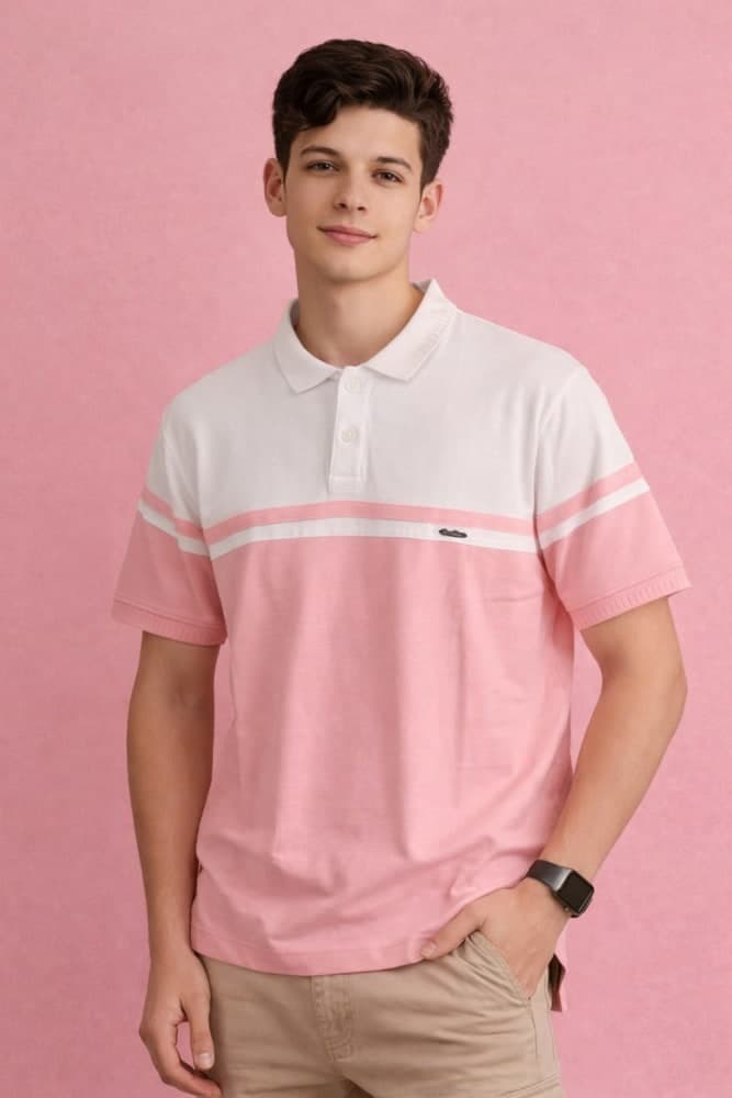 Men's Colorblock Polo Shirt - Crisp White & Pastel Pink 1